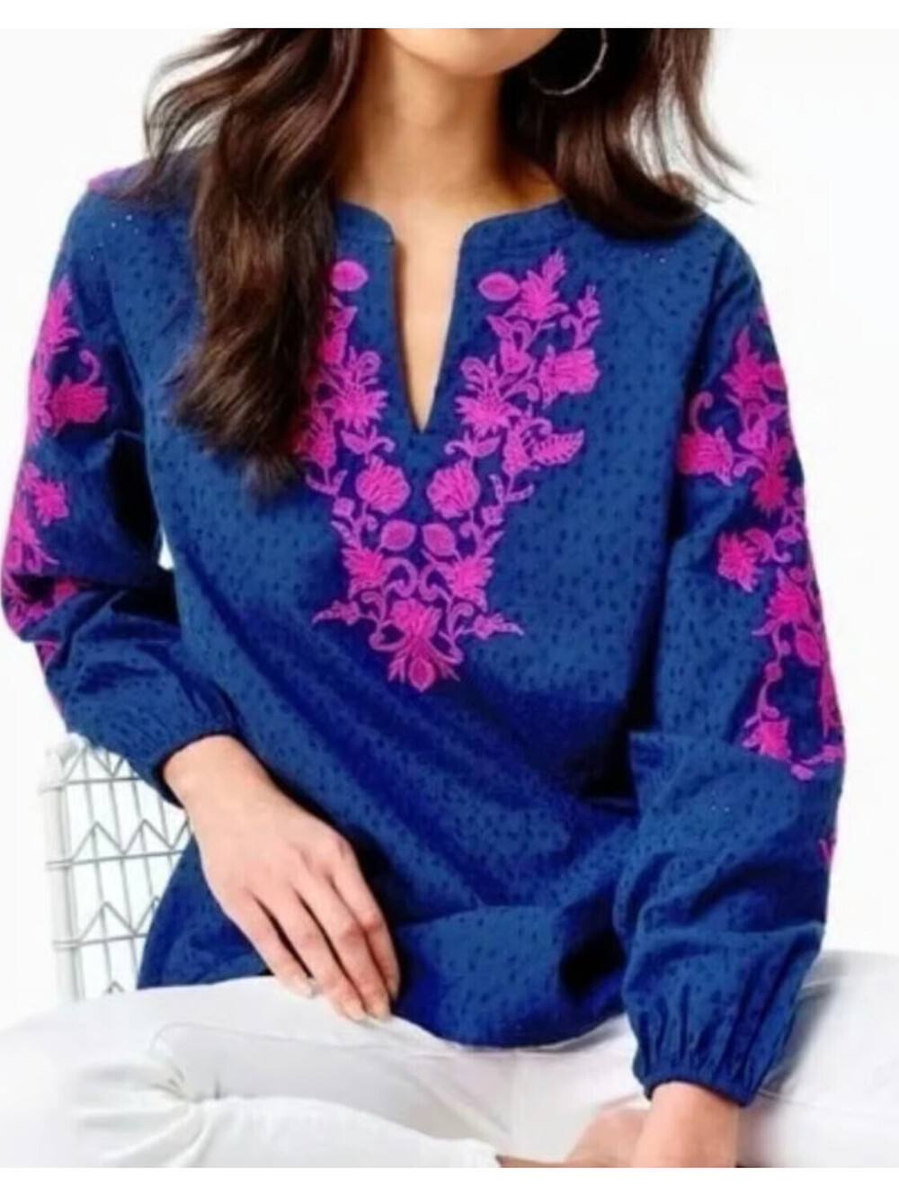 Lilly Pulitzer Emberline Oyster Bay Navy Bayside Eyelet Pink Embroidery Tunic XL